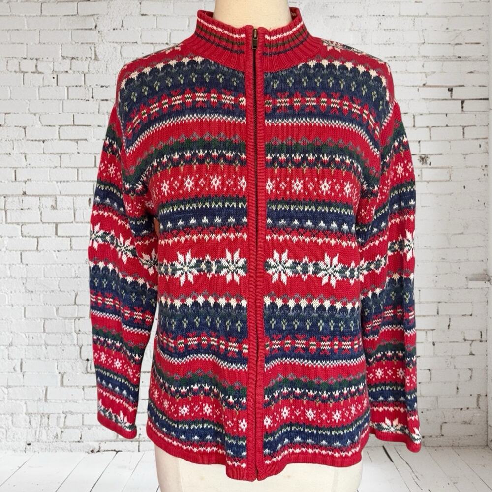 Vtg Heirloom Collectibles Cardigan Sweater Sz M Nordic FairIsle Full Zip Cotton